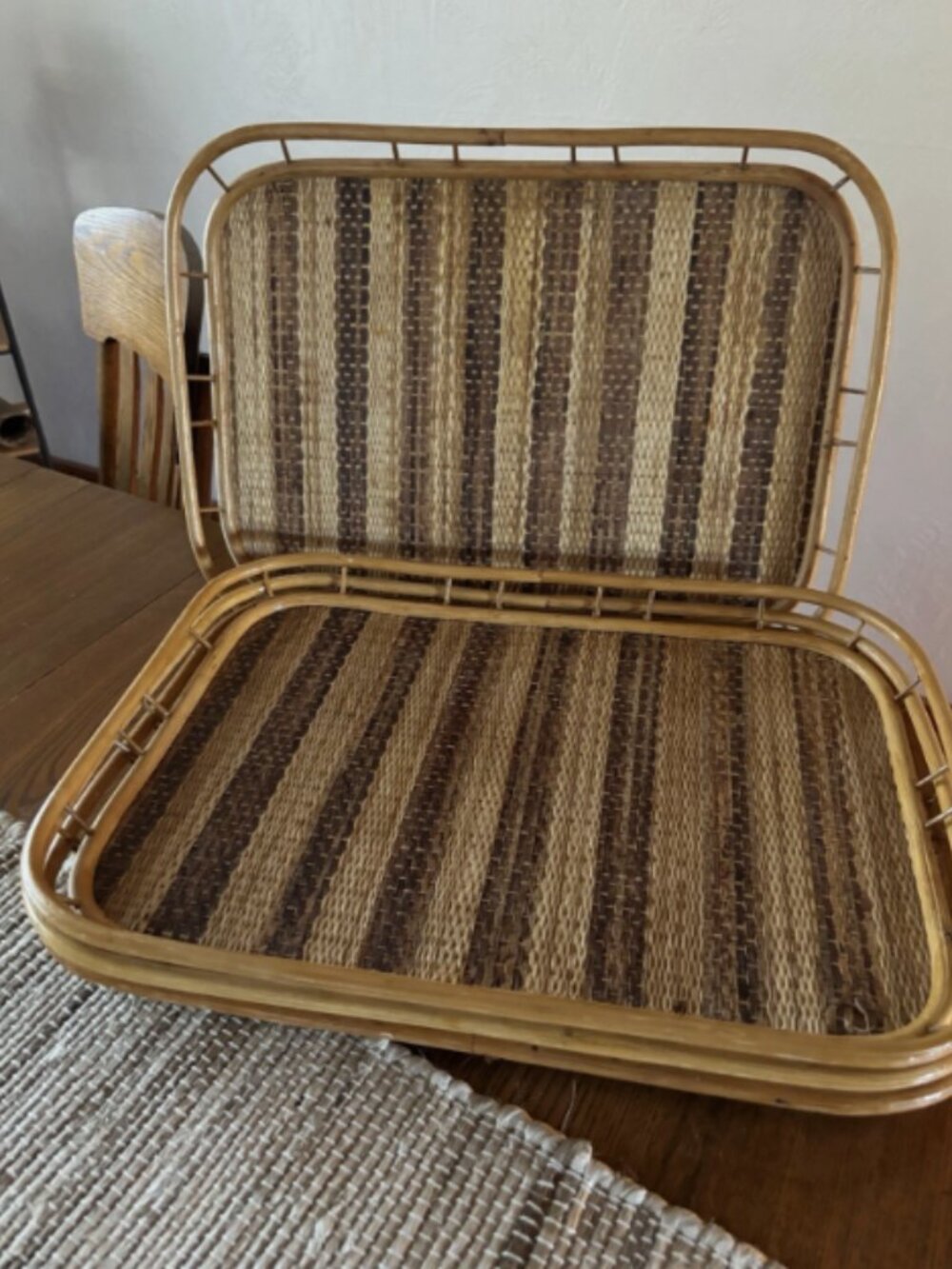 Vintage Set of 4 Nesting Rattan Wicker Serving Trays Coastal Bamboo Cane 19 x 13